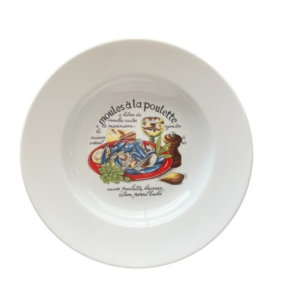 Limoges France Rimmed Soup Bowls Mussels Graphic and Spellout Whimsical FOUR - Picture 7 of 8